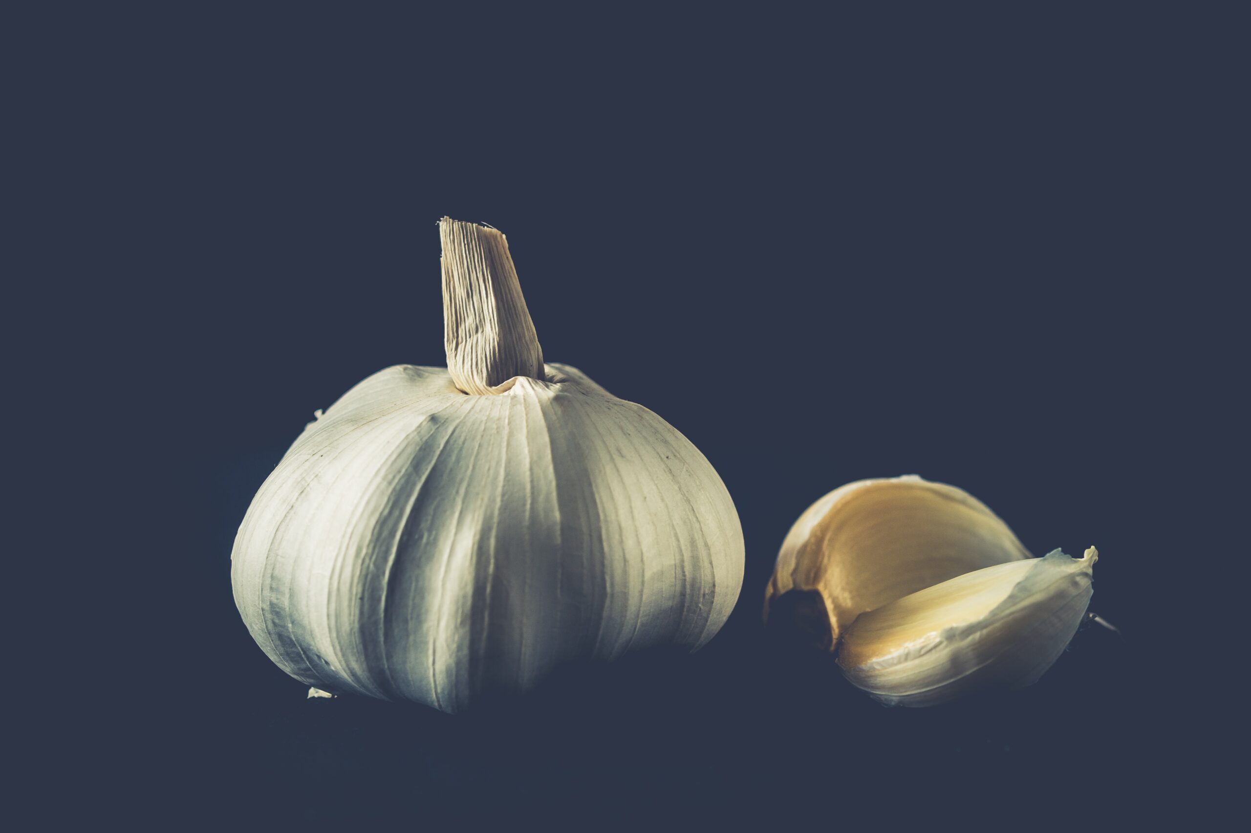 a bulb of garlic and 2 cloves on a black background