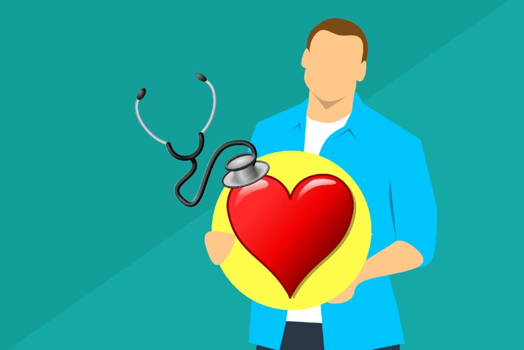 man with a red heart and a stethoscope he is wearing a aqua jacket he has no facial features