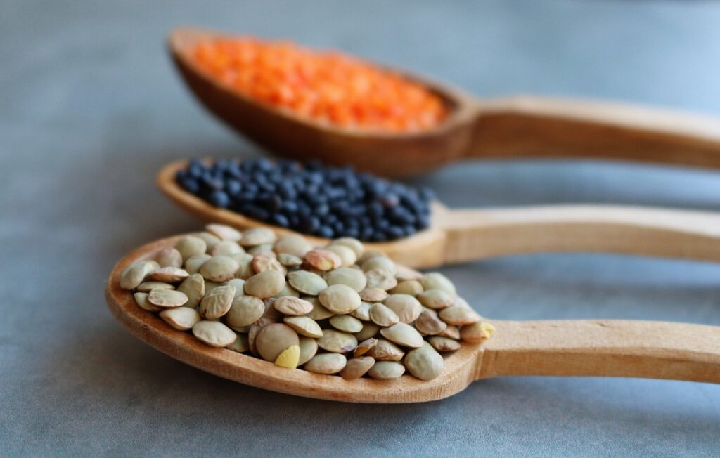 3 wooden spoons with green red and black lentils. Lentils are good for varicose veins because of it's potassium