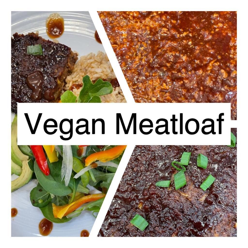 vegan meatloaf pictured with salad rice avocado and one picture shows the meatloaf baked and one unbaked