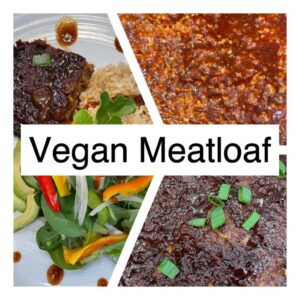 Vegan meatloaf a 3 pic collage, bbq laof baked and unbaked and one plate with bbq with salad and rice