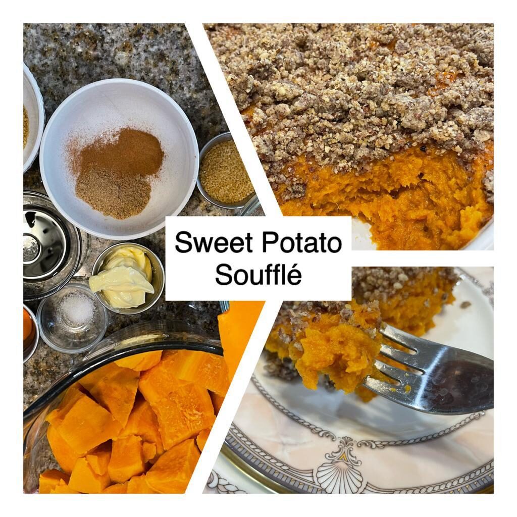sweet potato souffle with the ingredients and a pan with a piece taken out and a saucer with a fork full 