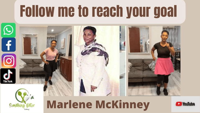 a picture of Marlene McKinney before her weight loss and exercising after her weight loss