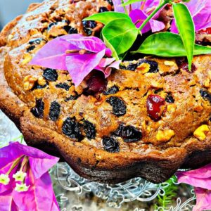 fruit cake with flowers on top
