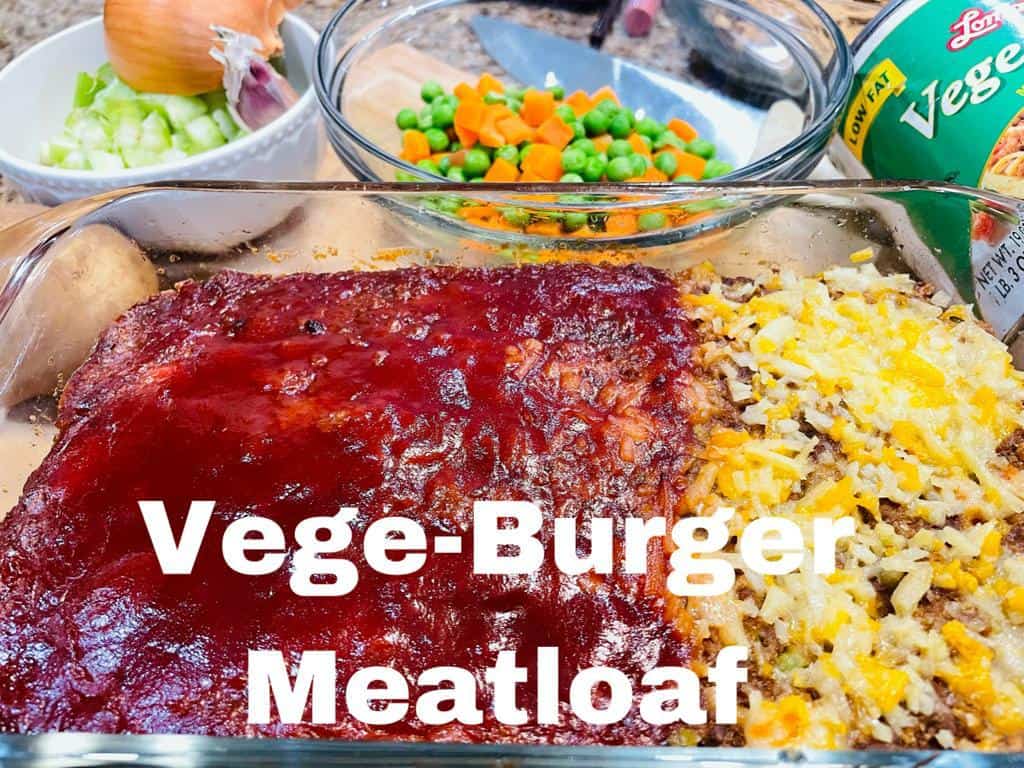 veggie-burger, mixed carrot and sweet peas, onion, celery, garlic, a pan of loaf with bbq sauce on one side cheese on the other side