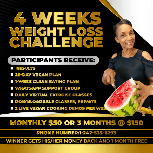 lady with watermelon in hand and a 4 week weight loss challenge flyer