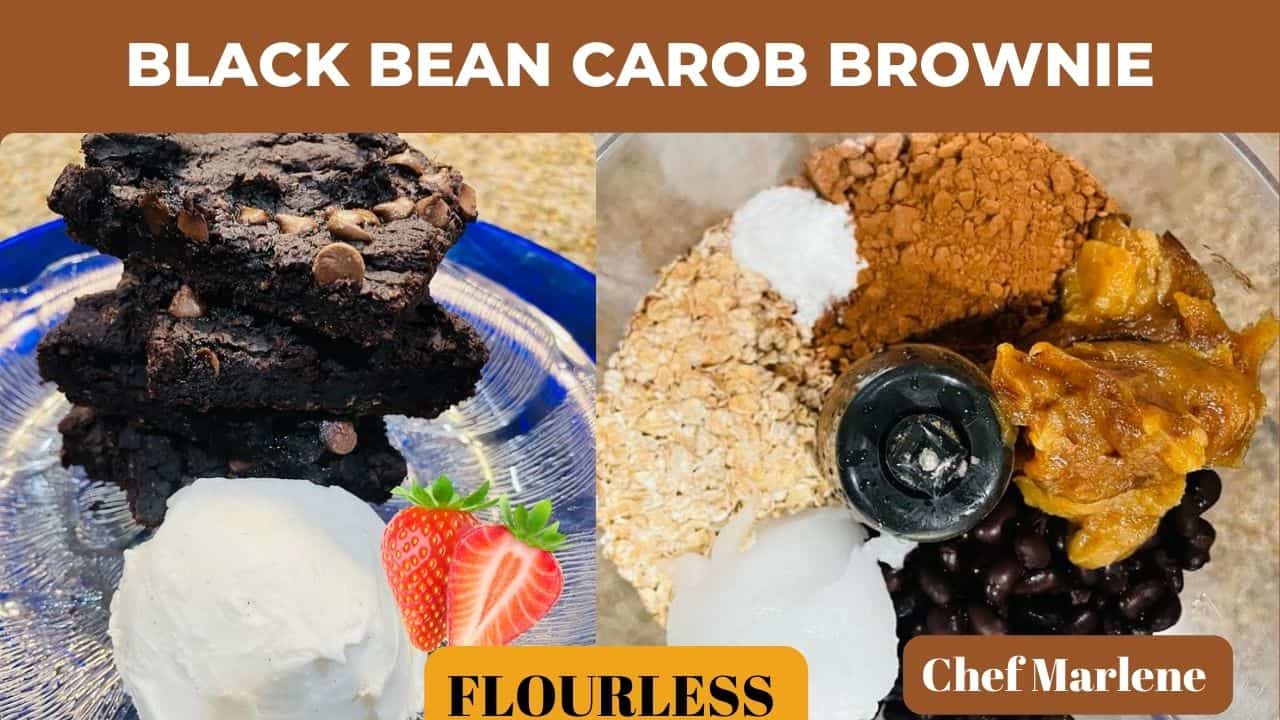 stacks of carob brownies on a blue plate with strawberries and a food processor bin with all the ingredients pictured in. black beans, oats, coconut oil, carob powder