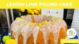LEMON LIME POUND CAKE IS THE CAPTION/ THE CAKE IS ROUND WITH A HOLE IN THE CENTER. IT HAS LEMON AND LIME SHAVINGS ON TOP WITH ICING