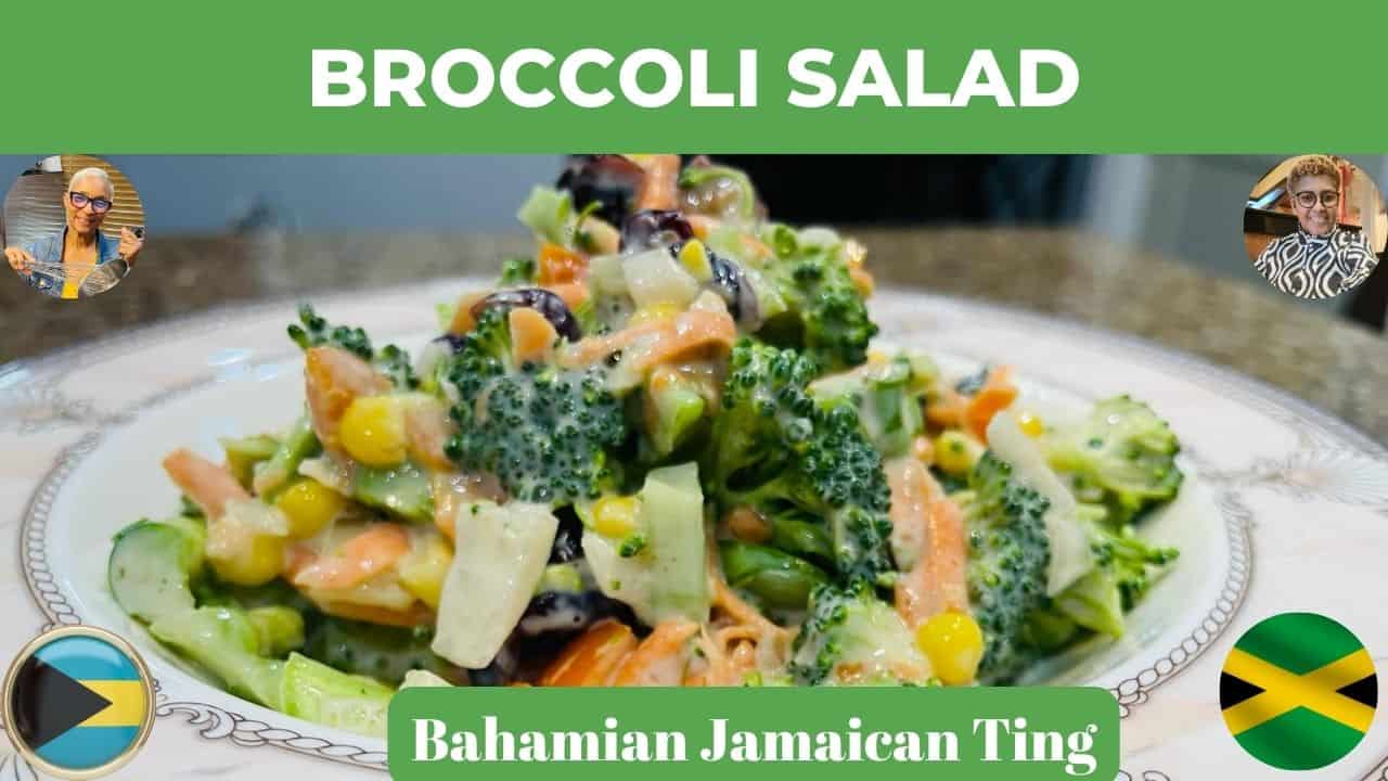 a broccoli salad on a table with corn, carrots, onions and a creamy sauce made from tofu